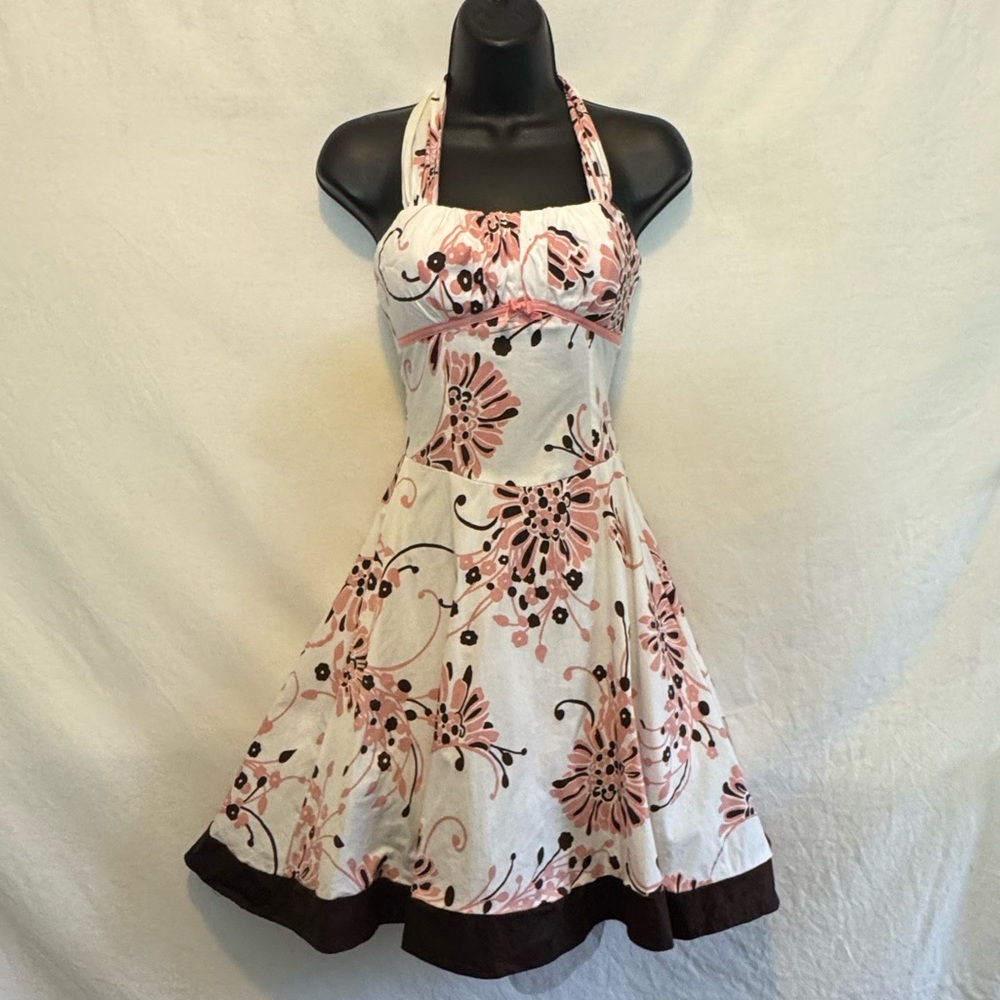 C-140 Ruby Rox White Pink & Brown Halter Top Lined MIDI Dress Size‎ 1